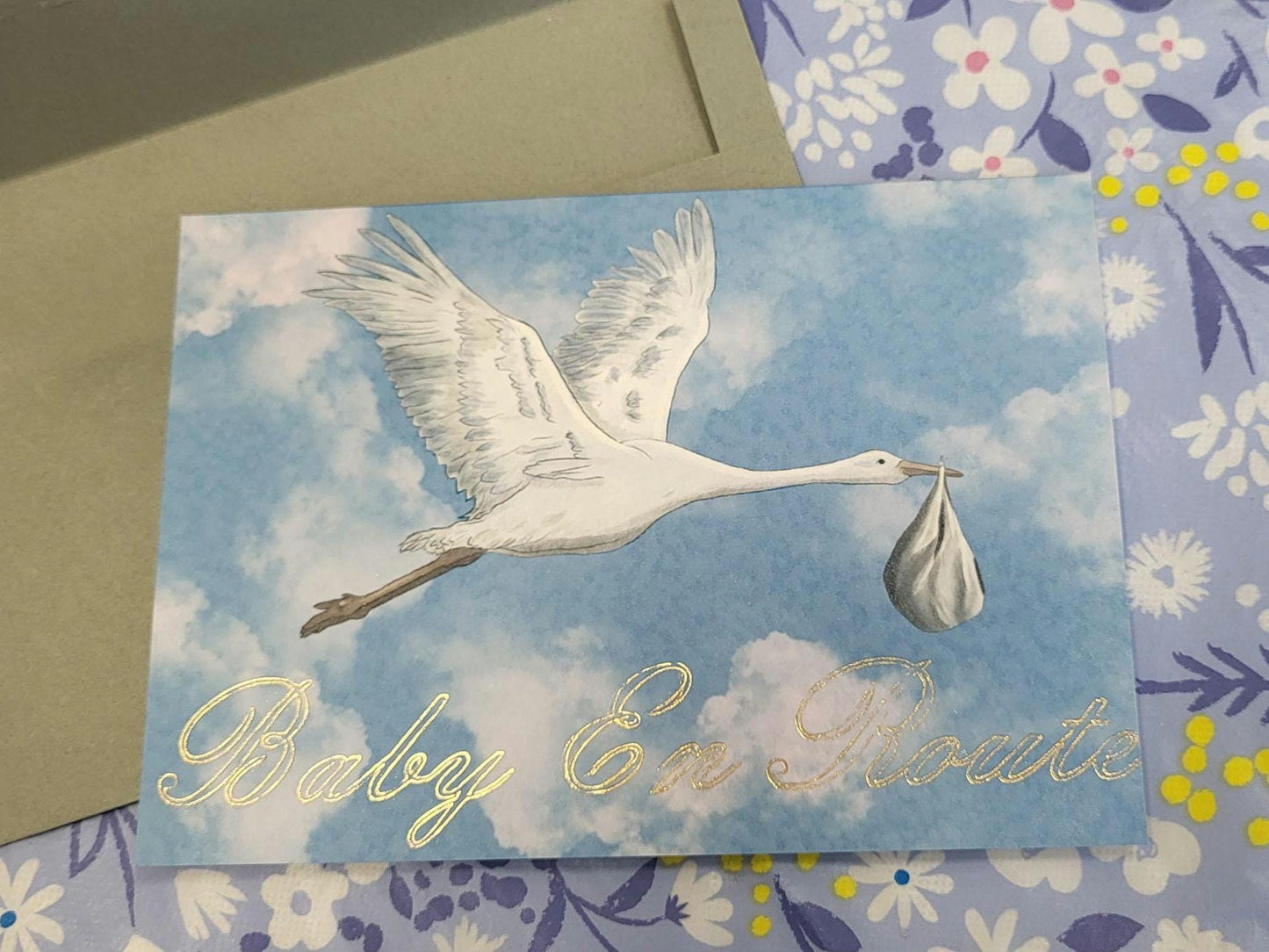 Baby Shower/Expecting/Congratulations card - 'Baby En Route' with Gold embossed lettering