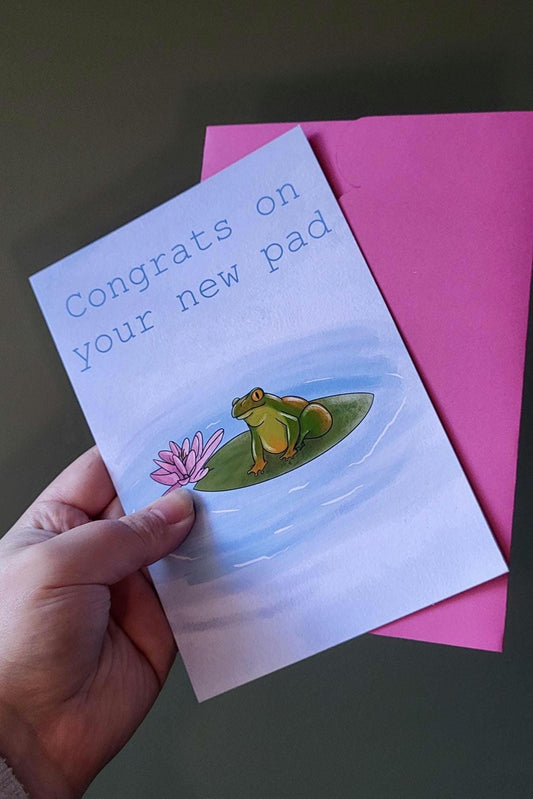 Frog Greeting/new home Card “Congrats on your new pad”