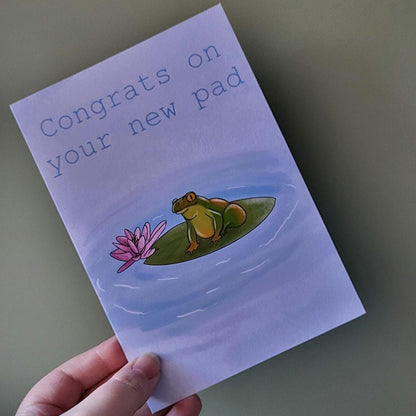 Frog Greeting/new home Card “Congrats on your new pad”