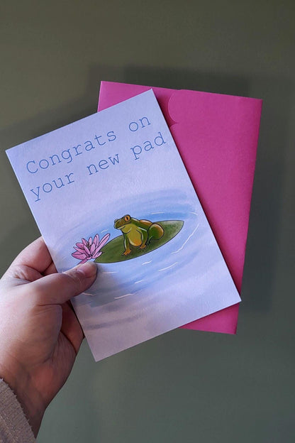 Frog Greeting/new home Card “Congrats on your new pad”