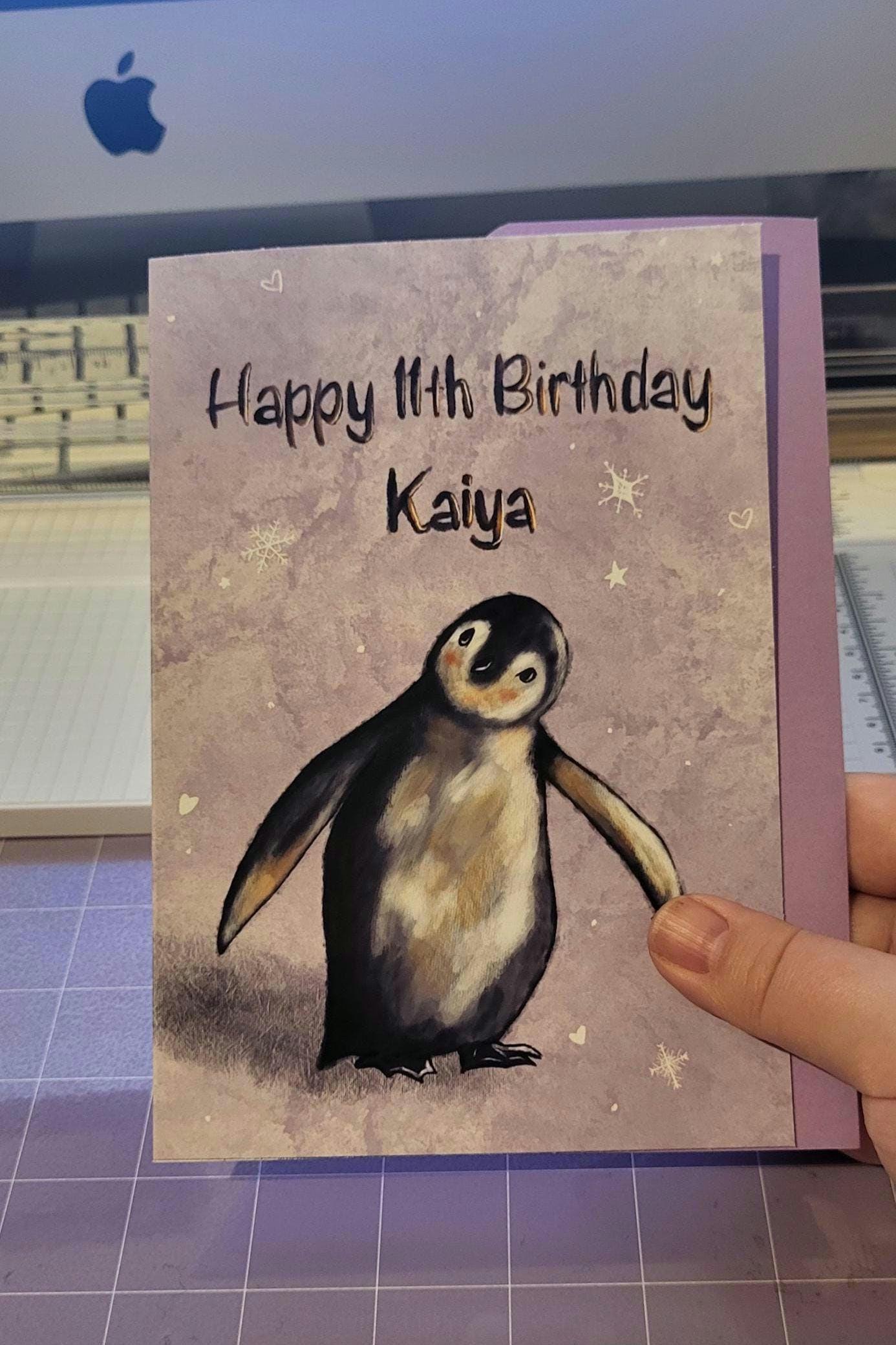 Cute Fuzzy Penguin Personalised Birthday Card