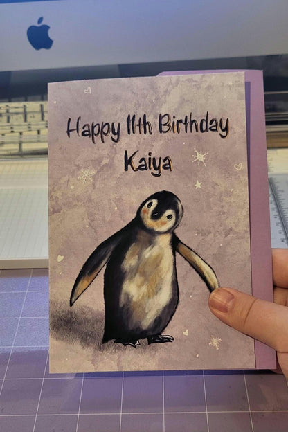 Cute Fuzzy Penguin Personalised Birthday Card