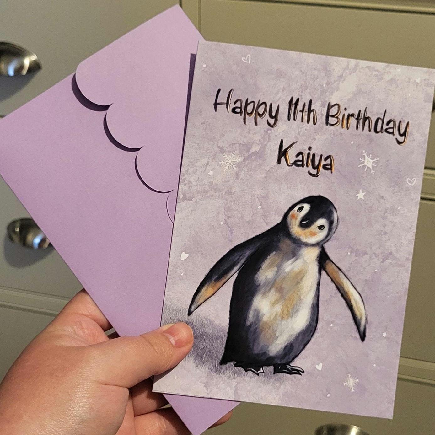 Cute Fuzzy Penguin Personalised Birthday Card