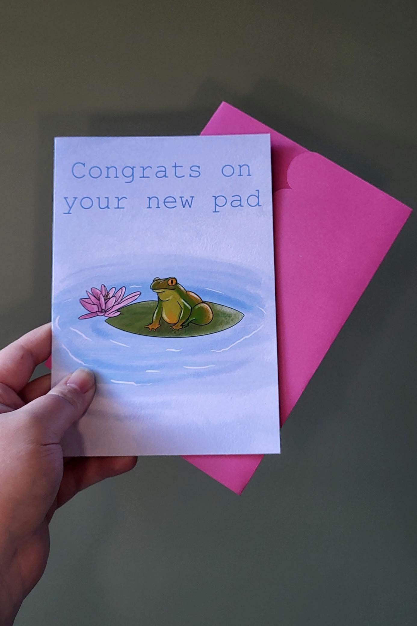 Frog Greeting/new home Card “Congrats on your new pad”