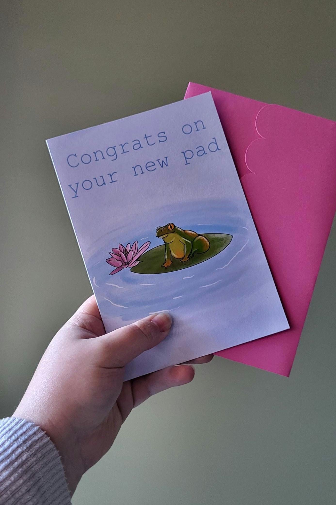 Frog Greeting/new home Card “Congrats on your new pad”